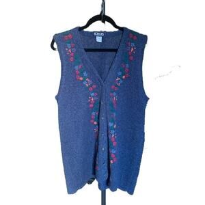 Honors Vintage Blue Floral Embroidered Novelty Knit Sweater Vest Womens Large